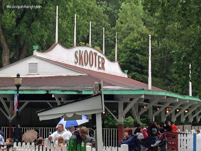 The Skooter was added to the park in 1931. The building is ornately decorated with spires and flags and included 20 electrically operated bumper cars. The bumper cars are still housed in this building.